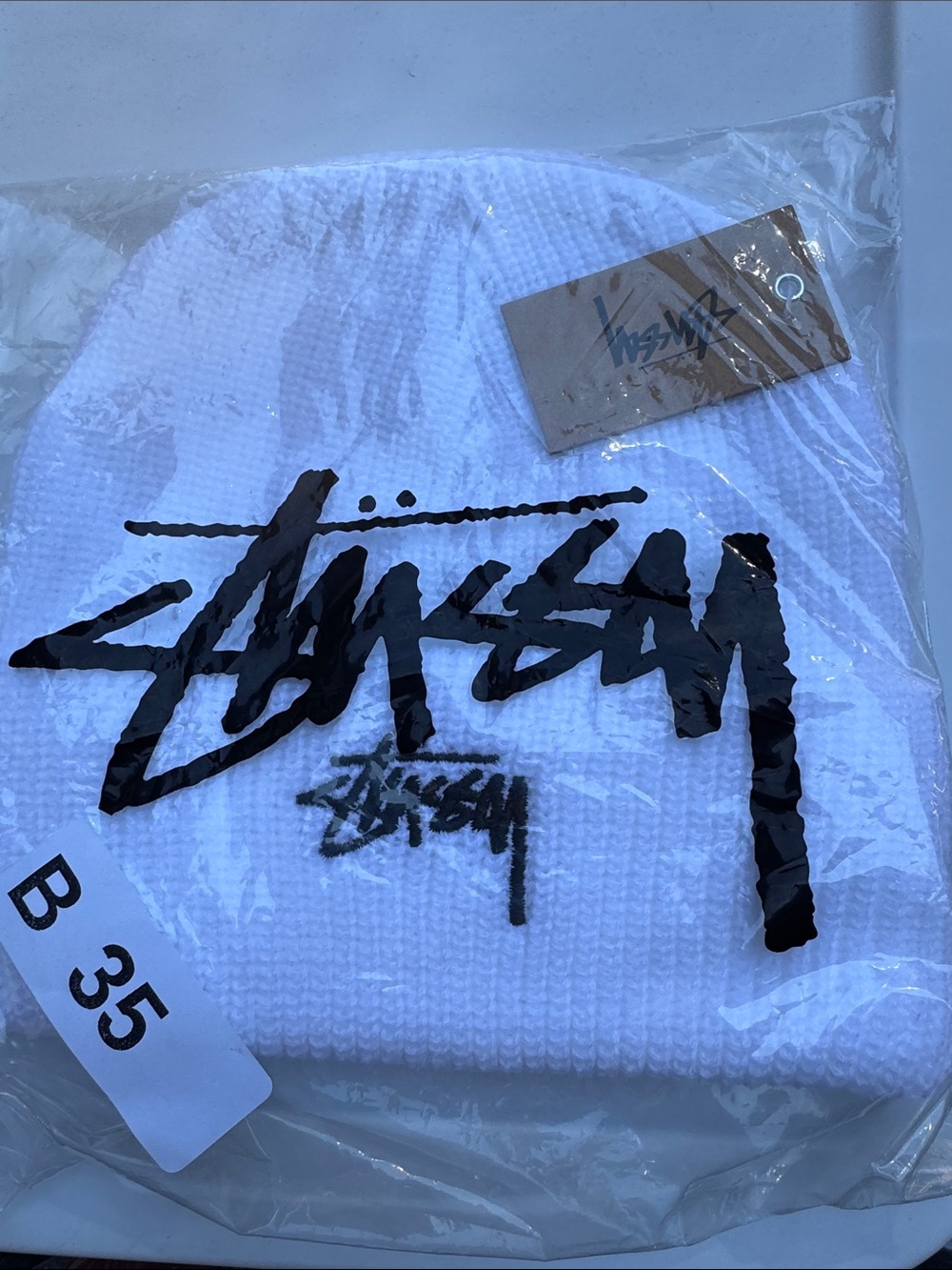 Stussy White Beanie with Black Logo